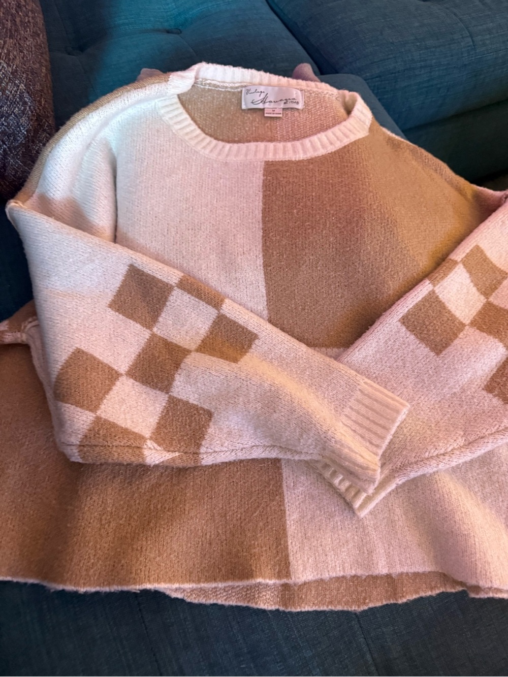Vintage Havana Cream & Tan Checkerboard Crewneck Sweater